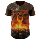 Custom Brown Black-Orange Flames Skull Authentic Baseball Jersey