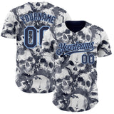 Custom Gray Navy-Light Blue Flames Skull Smoke Authentic Baseball Jersey