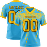 Custom Sky Blue Yellow-Black Authentic Distressed Scratch Brush Stroke Football Jersey