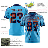 Custom Sky Blue Navy-Orange Authentic Distressed Scratch Brush Stroke Football Jersey