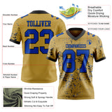 Custom Old Gold Thunder Blue-Black Authentic Abstract Shattered Paint Splatter Football Jersey