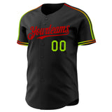 Custom Black Neon Green-Red Raglan Line Gradient Stripe Authentic Baseball Jersey