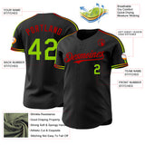 Custom Black Neon Green-Red Raglan Line Gradient Stripe Authentic Baseball Jersey