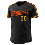 Custom Black Gold-Orange Raglan Line Gradient Stripe Authentic Baseball Jersey