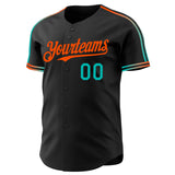 Custom Black Aqua-Orange Raglan Line Gradient Stripe Authentic Baseball Jersey