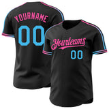 Custom Black Sky Blue-Pink Raglan Line Gradient Stripe Authentic Baseball Jersey