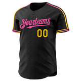 Custom Black Yellow-Pink Raglan Line Gradient Stripe Authentic Baseball Jersey
