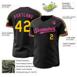 Custom Black Yellow-Pink Raglan Line Gradient Stripe Authentic Baseball Jersey