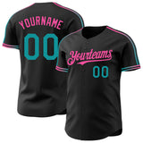 Custom Black Teal-Pink Raglan Line Gradient Stripe Authentic Baseball Jersey