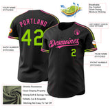 Custom Black Neon Green-Pink Raglan Line Gradient Stripe Authentic Baseball Jersey