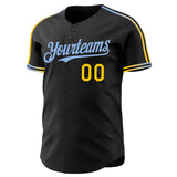 Custom Black Yellow-Light Blue Raglan Line Gradient Stripe Authentic Baseball Jersey