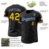 Custom Black Yellow-Light Blue Raglan Line Gradient Stripe Authentic Baseball Jersey