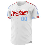 Custom White Light Blue-Red Raglan Line Gradient Stripe Authentic Baseball Jersey
