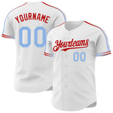 Custom White Light Blue-Red Raglan Line Gradient Stripe Authentic Baseball Jersey