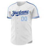 Custom White Light Blue-Royal Raglan Line Gradient Stripe Authentic Baseball Jersey