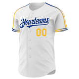 Custom White Gold-Royal Raglan Line Gradient Stripe Authentic Baseball Jersey