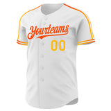Custom White Gold-Orange Raglan Line Gradient Stripe Authentic Baseball Jersey