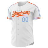 Custom White Light Blue-Orange Raglan Line Gradient Stripe Authentic Baseball Jersey