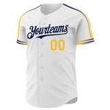 Custom White Gold-Navy Raglan Line Gradient Stripe Authentic Baseball Jersey