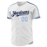 Custom White Light Blue-Navy Raglan Line Gradient Stripe Authentic Baseball Jersey