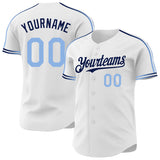 Custom White Light Blue-Navy Raglan Line Gradient Stripe Authentic Baseball Jersey
