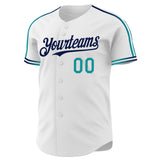Custom White Teal-Navy Raglan Line Gradient Stripe Authentic Baseball Jersey