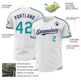 Custom White Teal-Navy Raglan Line Gradient Stripe Authentic Baseball Jersey