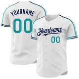 Custom White Teal-Navy Raglan Line Gradient Stripe Authentic Baseball Jersey