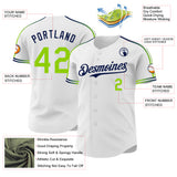 Custom White Neon Green-Navy Raglan Line Gradient Stripe Authentic Baseball Jersey