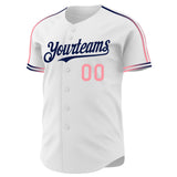Custom White Medium Pink-Navy Raglan Line Gradient Stripe Authentic Baseball Jersey
