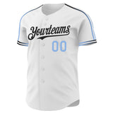 Custom White Light Blue-Black Raglan Line Gradient Stripe Authentic Baseball Jersey