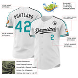 Custom White Teal-Black Raglan Line Gradient Stripe Authentic Baseball Jersey