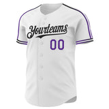 Custom White Purple-Black Raglan Line Gradient Stripe Authentic Baseball Jersey
