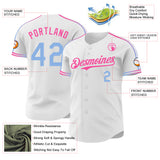 Custom White Light Blue-Pink Raglan Line Gradient Stripe Authentic Baseball Jersey