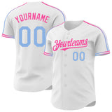 Custom White Light Blue-Pink Raglan Line Gradient Stripe Authentic Baseball Jersey
