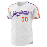 Custom White Orange-Purple Raglan Line Gradient Stripe Authentic Baseball Jersey