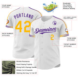 Custom White Gold-Purple Raglan Line Gradient Stripe Authentic Baseball Jersey