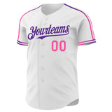 Custom White Pink-Purple Raglan Line Gradient Stripe Authentic Baseball Jersey