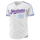 Custom White Light Blue-Purple Raglan Line Gradient Stripe Authentic Baseball Jersey