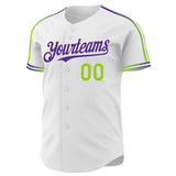 Custom White Neon Green-Purple Raglan Line Gradient Stripe Authentic Baseball Jersey