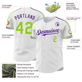 Custom White Neon Green-Purple Raglan Line Gradient Stripe Authentic Baseball Jersey