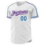 Custom White Blue-Purple Raglan Line Gradient Stripe Authentic Baseball Jersey