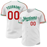 Custom White Red-Kelly Green Raglan Line Gradient Stripe Authentic Baseball Jersey