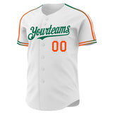 Custom White Orange-Kelly Green Raglan Line Gradient Stripe Authentic Baseball Jersey