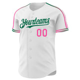 Custom White Pink-Kelly Green Raglan Line Gradient Stripe Authentic Baseball Jersey