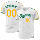 Custom White Gold-Kelly Green Raglan Line Gradient Stripe Authentic Baseball Jersey