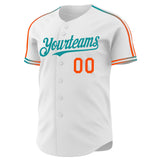 Custom White Orange-Teal Raglan Line Gradient Stripe Authentic Baseball Jersey