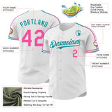 Custom White Pink-Teal Raglan Line Gradient Stripe Authentic Baseball Jersey