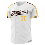 Custom White Gold-Brown Raglan Line Gradient Stripe Authentic Baseball Jersey