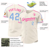 Custom Cream Light Blue-Pink Raglan Line Gradient Stripe Authentic Baseball Jersey